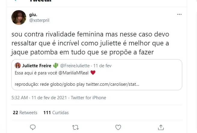 Tweet sobre o bbb21