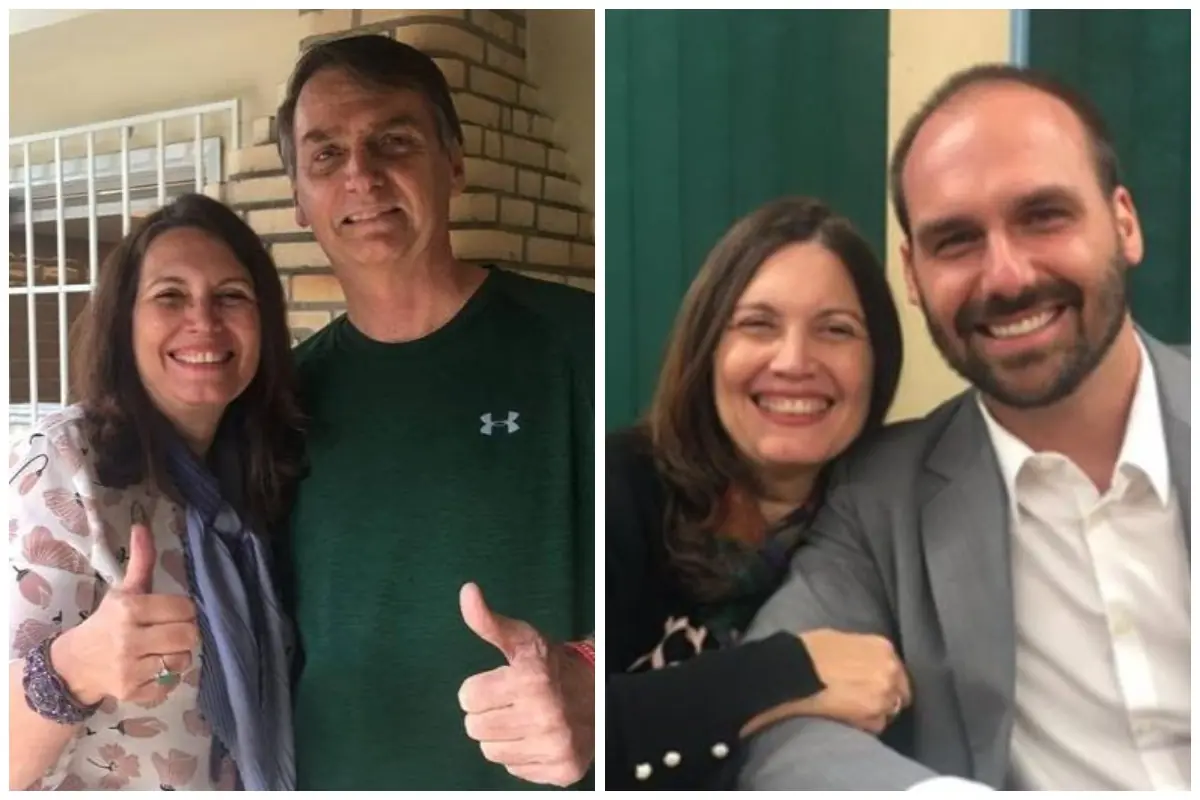 Imagem mostra Bia Kicis com Flávio Bolsonaro e Jair Bolsonaro