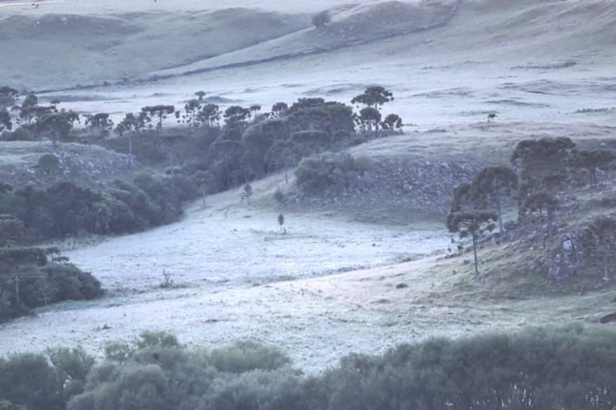 Imagem mostra serra catarinense coberta por neve