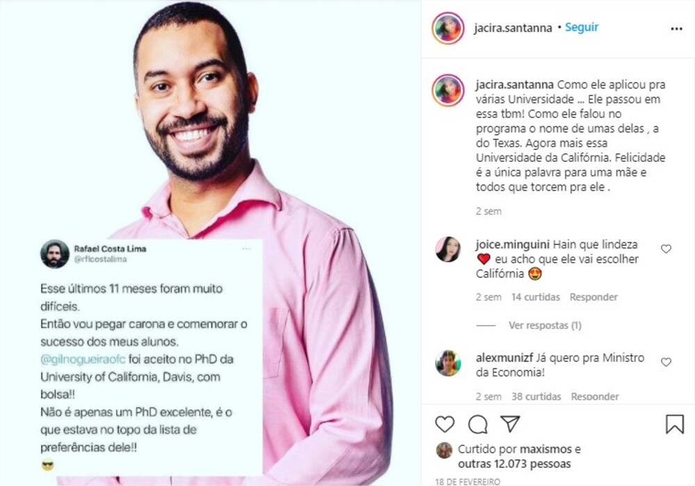 Jacira santanna, mãe do gil, comemorou a conquista nas redes sociais (foto: reprodução/instagram)