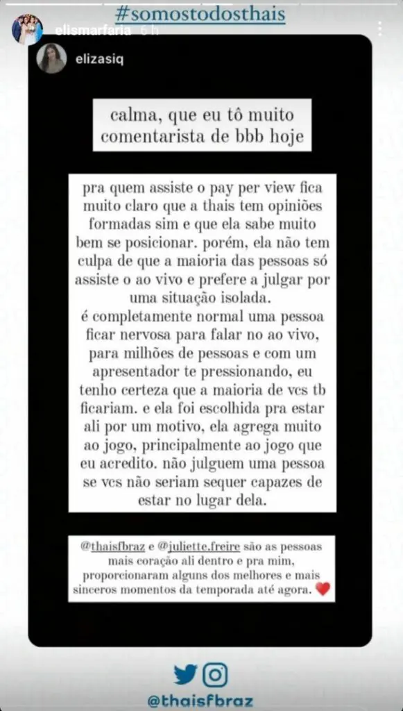Elismar sai em defesa da filha Thais, BBB21
