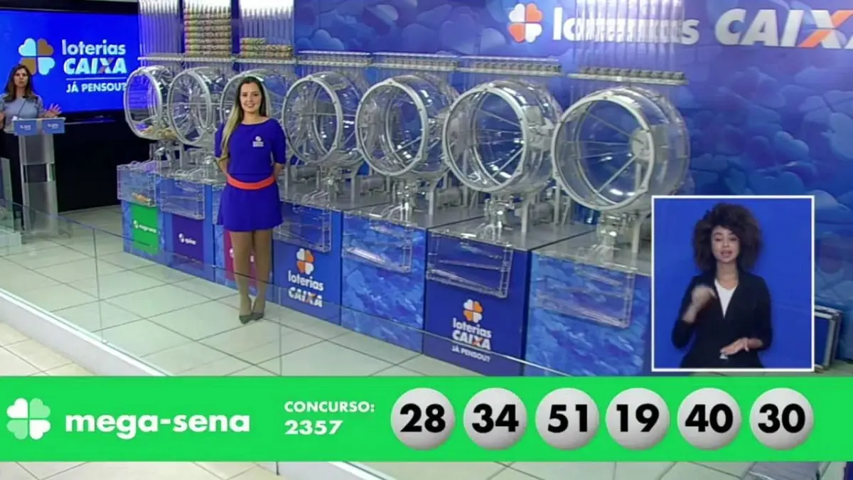 A imagem mostra o sorteio do resultado da Mega-Sena 2357