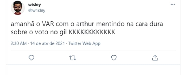 Tweet sobre arthur do bbb21