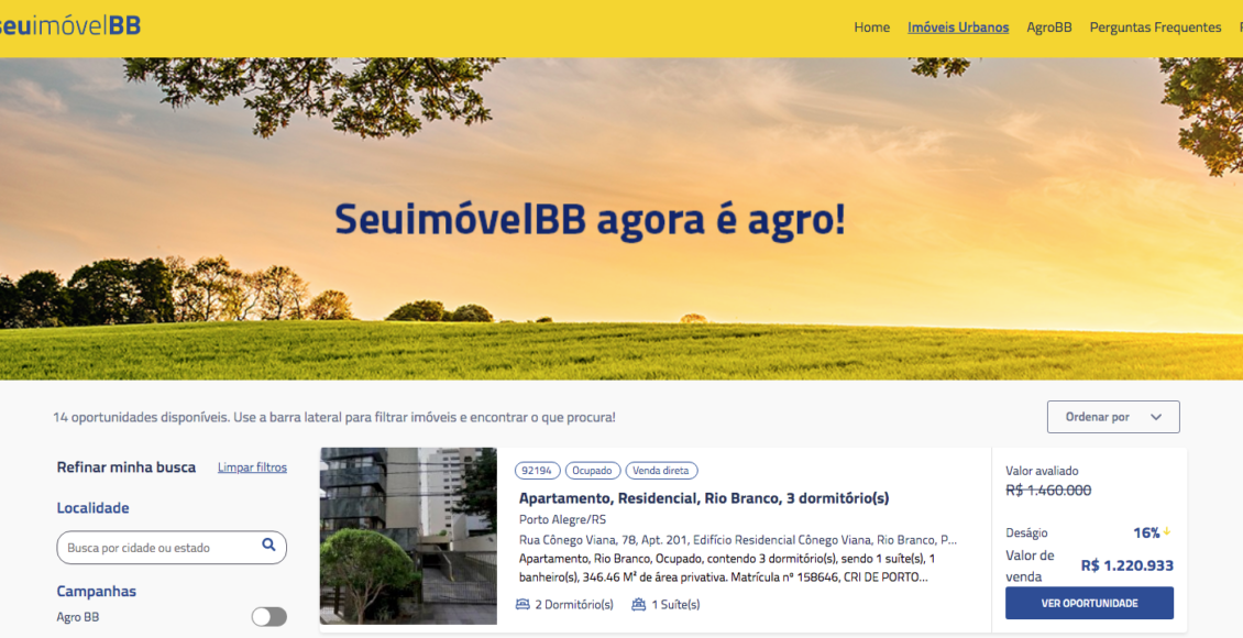 Print de tela mostra a plataforma Seu Imóvel BB, do Banco do Brasil