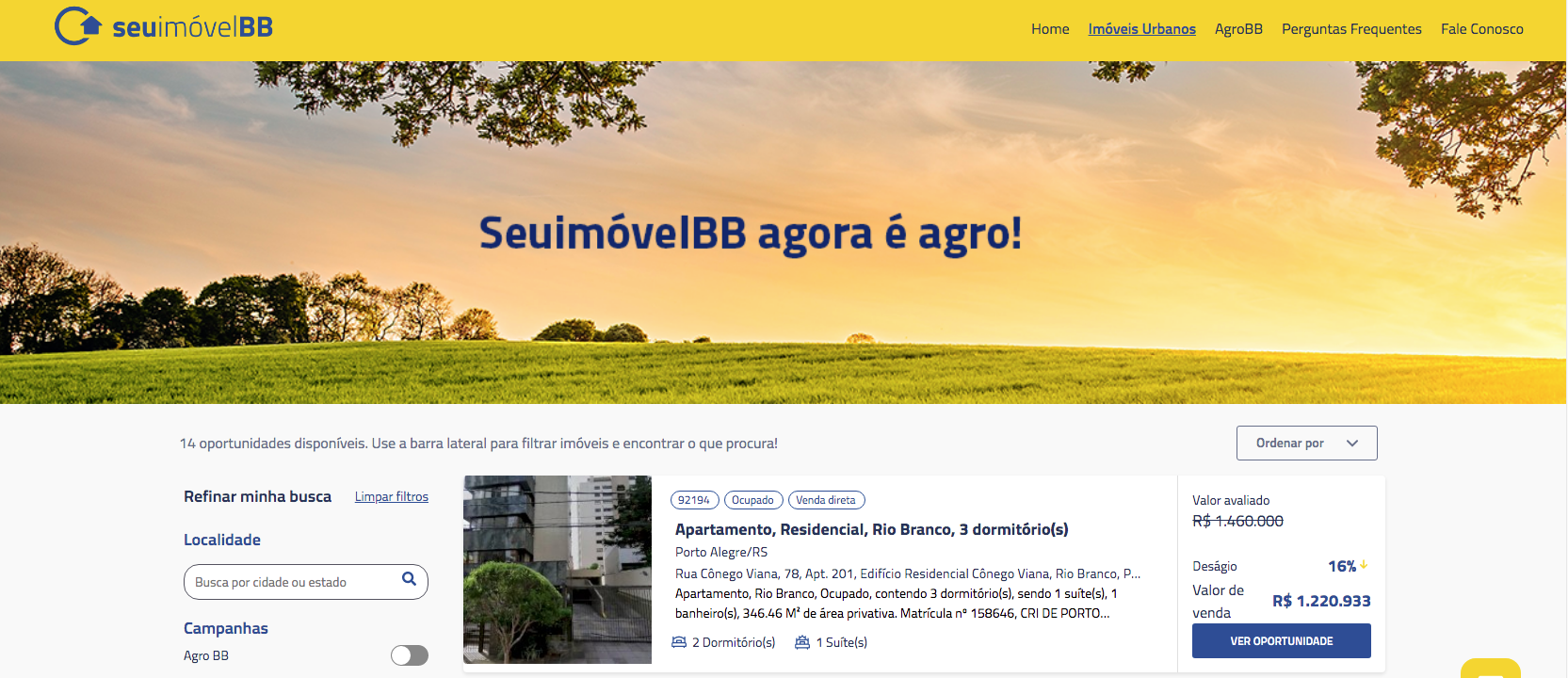 Print de tela mostra a plataforma Seu Imóvel BB, do Banco do Brasil