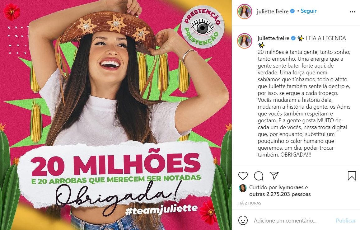 BBB21: Juliette bate 20 milhões de seguidores no Instagram Seguidores Juliette BBB21
