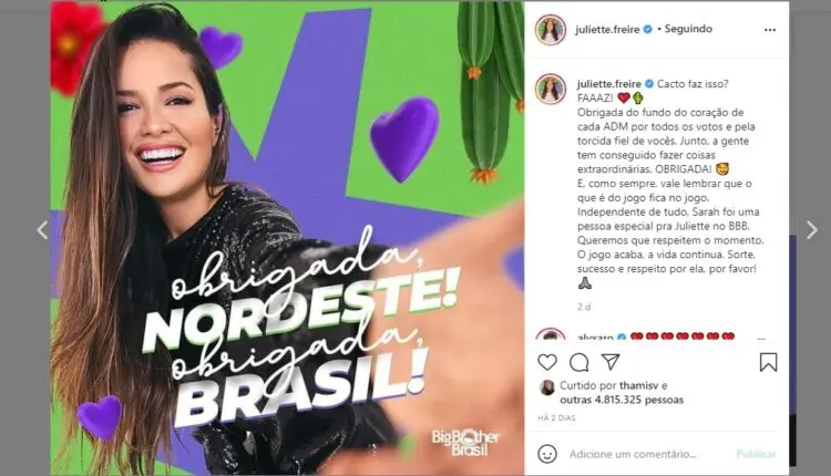 Publicação no Instagram da sister