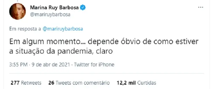 Tweet de Marina Rui Barbosa sobre Juliette do BBB21