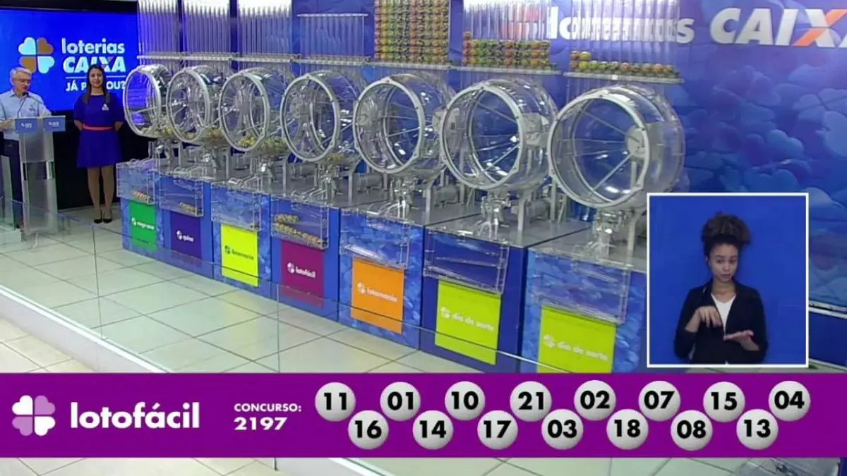 A imagem mostra o sorteio do resultado da Lotofácil 2197