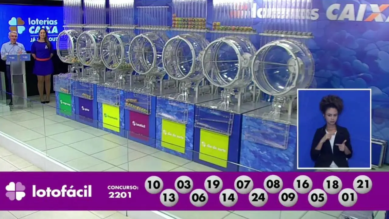 A imagem mostra o sorteio do resultado da Lotofácil 2201