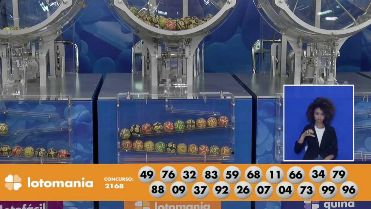 A imagem mostra o sorteio do resultado da Lotomania 2168