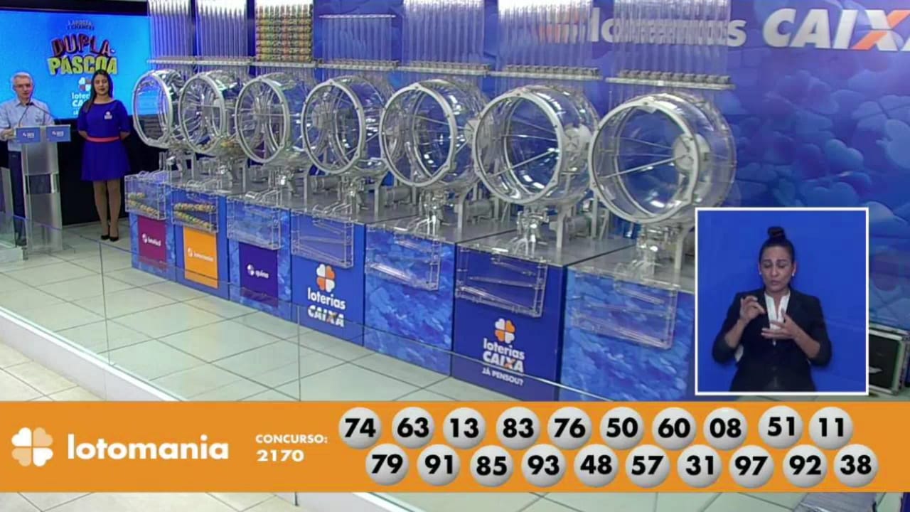 A imagem mostra o sorteio do resultado da Lotomania 2170