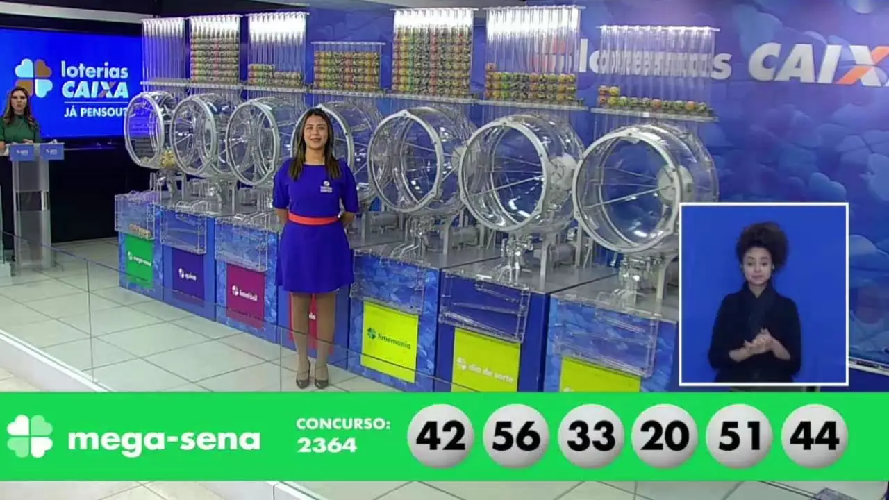 A imagem mostra o sorteio do resultado da Mega-Sena 2364