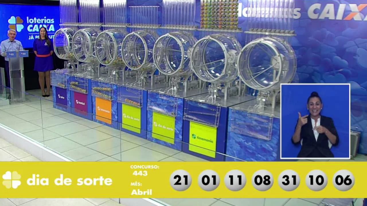 Resultado do Dia de Sorte concurso 443 de terça-feira (13/04) A imagem mostra o sorteio do resultado do Dia de Sorte 443