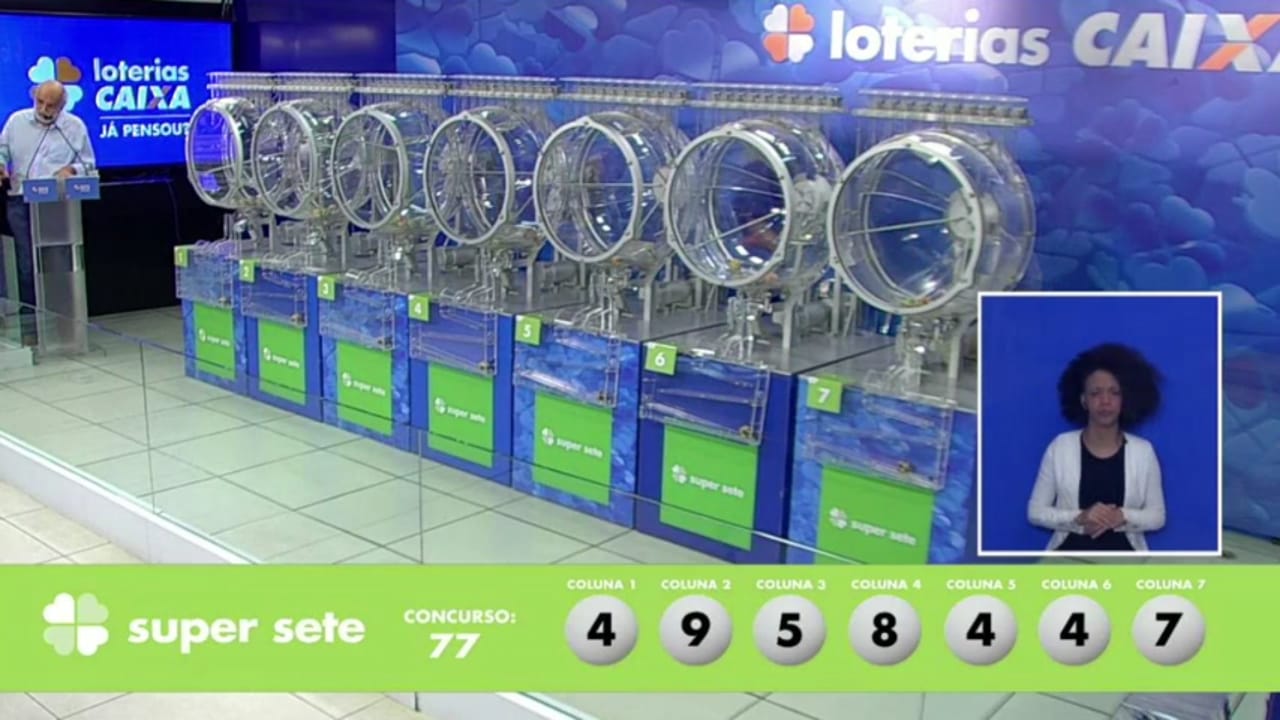 A imagem mostra o sorteio do resultado do Super Sete 77