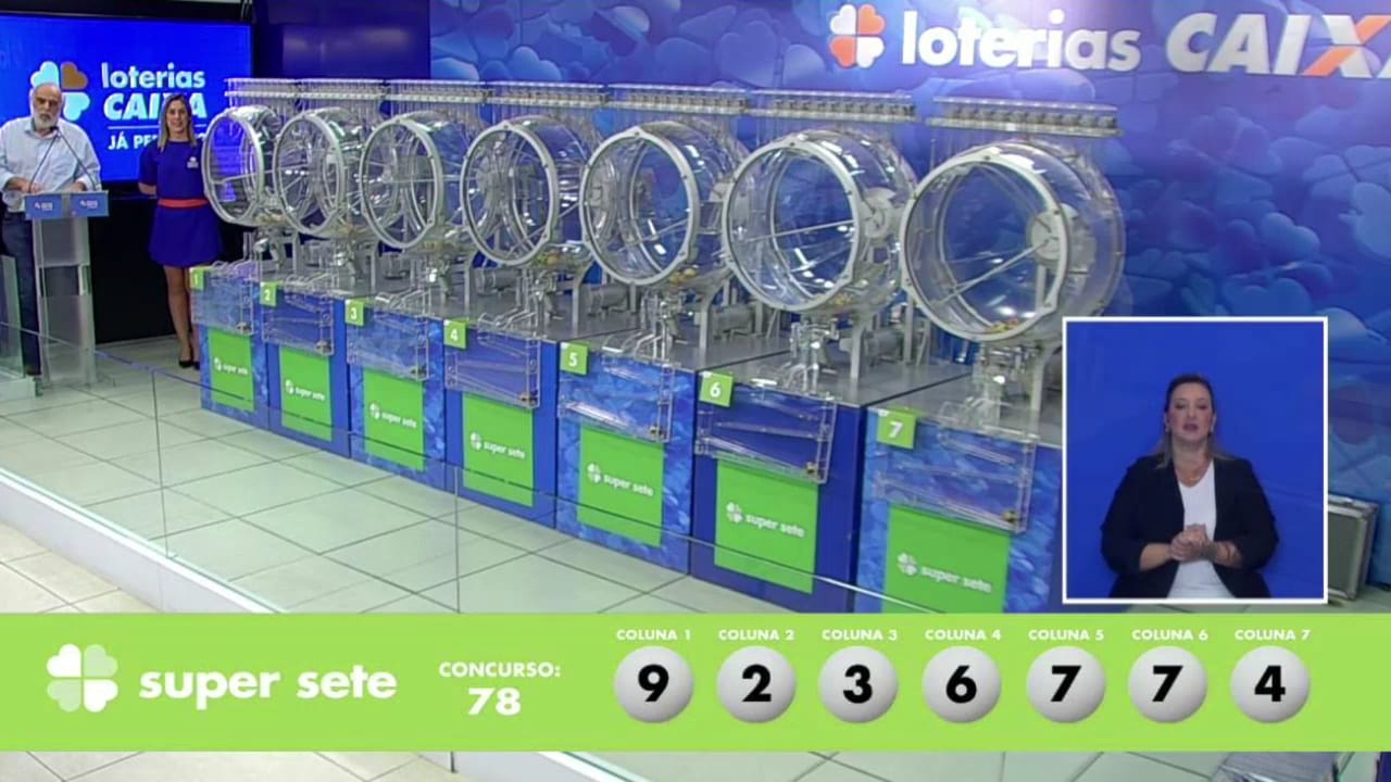 A imagem mostra o sorteio do resultado do Super Sete 78