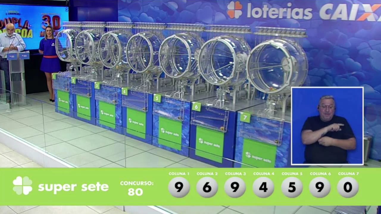 A imagem mostra o sorteio do resultado do Super Sete 80