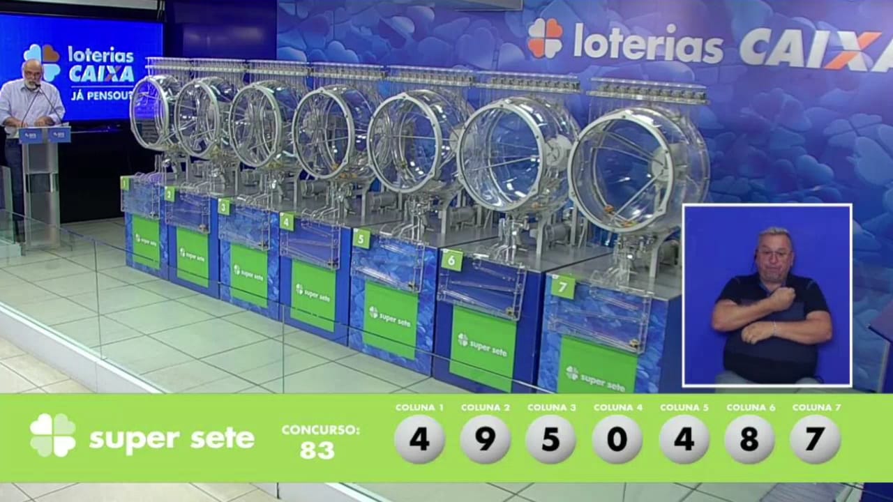 A imagem mostra o sorteio do resultado do Super Sete 83