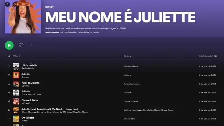 Playlist de músicas de Juliette do BBB