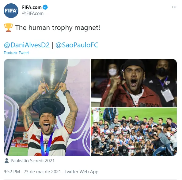 Fifa destacou em suas redes sociais 41º título de Daniel Alves