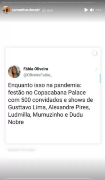 Samantha Schmutz critica famosos na pandemia