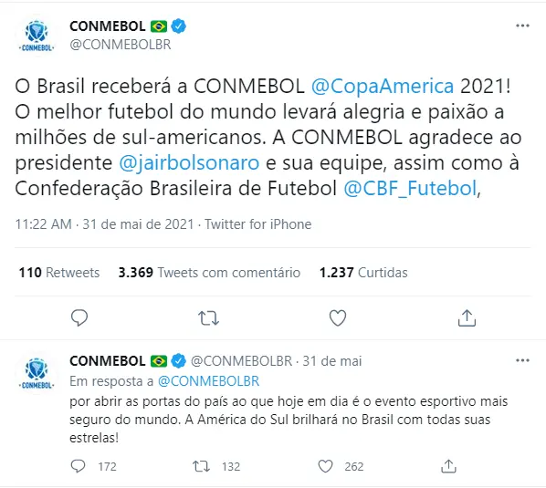 Conmebol agradece o presidente do Brasil, Jair Bolsonaro, por sediar Copa América 2021