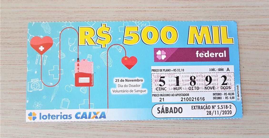 A imagem mostra um bilhete da loteria Federal de sábado