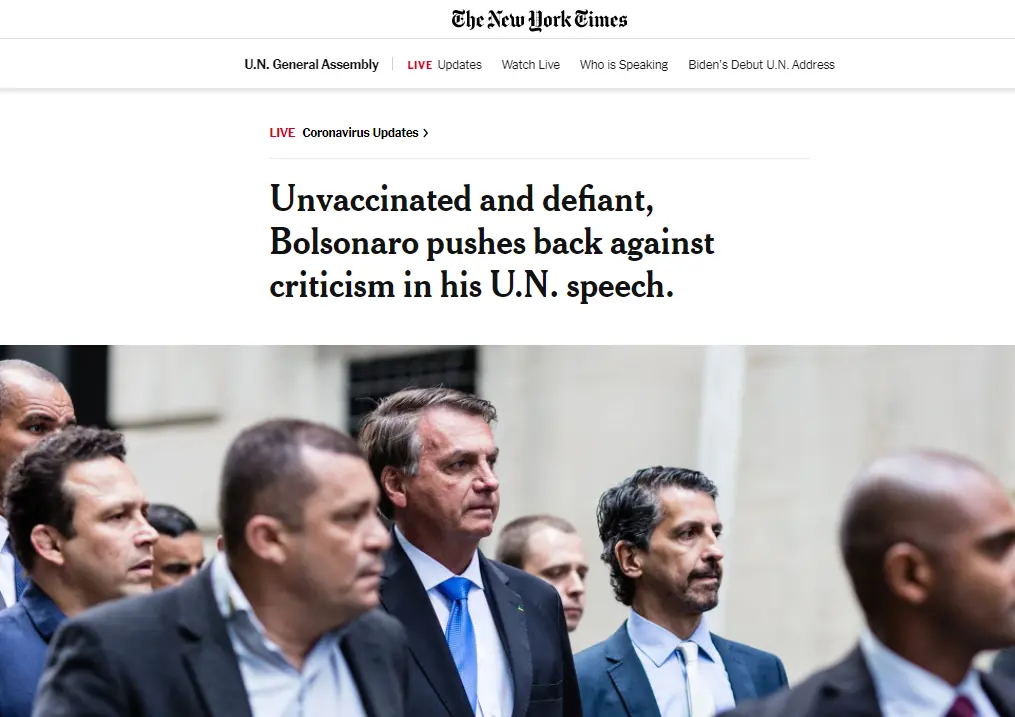 "Sem se vacinar e desafiador, Bolsonaro rebate críticas em seu discurso na ONU" - Foto: Reprodução/New York Times