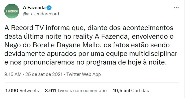 Record se pronuncia sobre suposto caso de estupro em A Fazenda