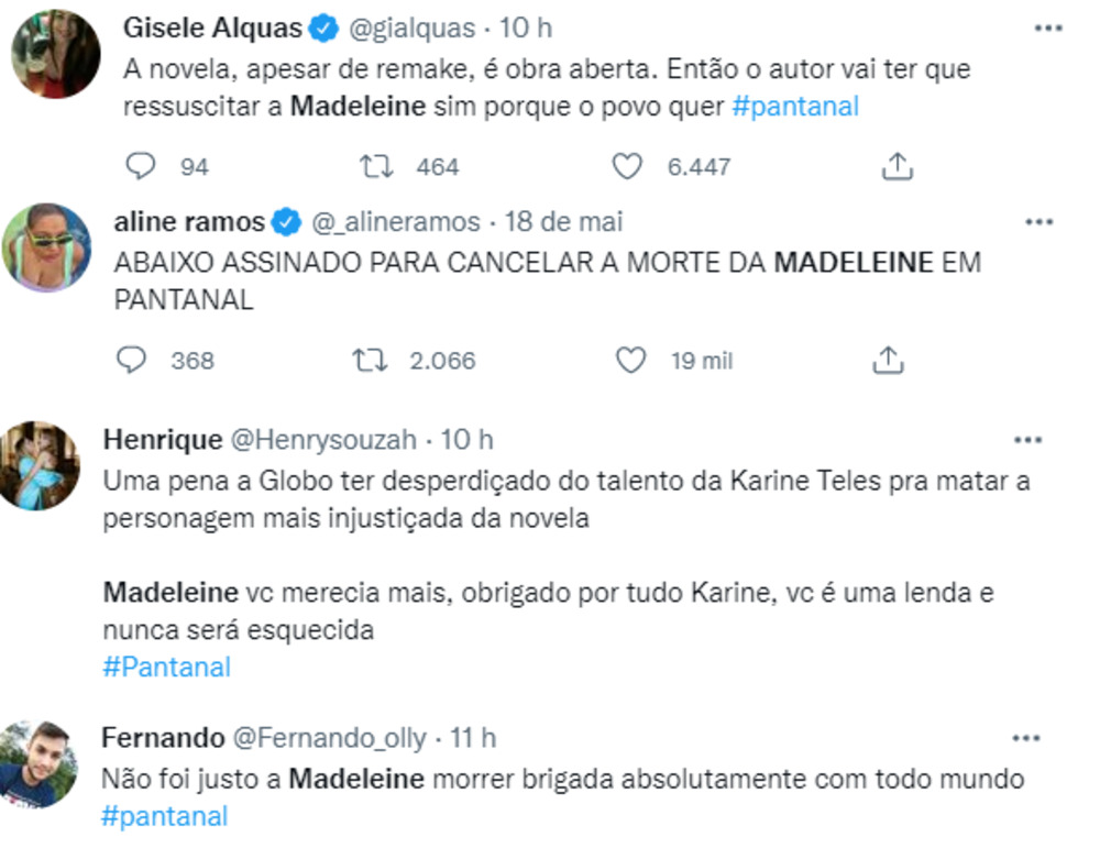 Madeleine morre na novela Pantanal, mas web torce para novo desfecho tweets