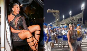 Adriane Galisteu sambando e com figurino do carnaval 2023