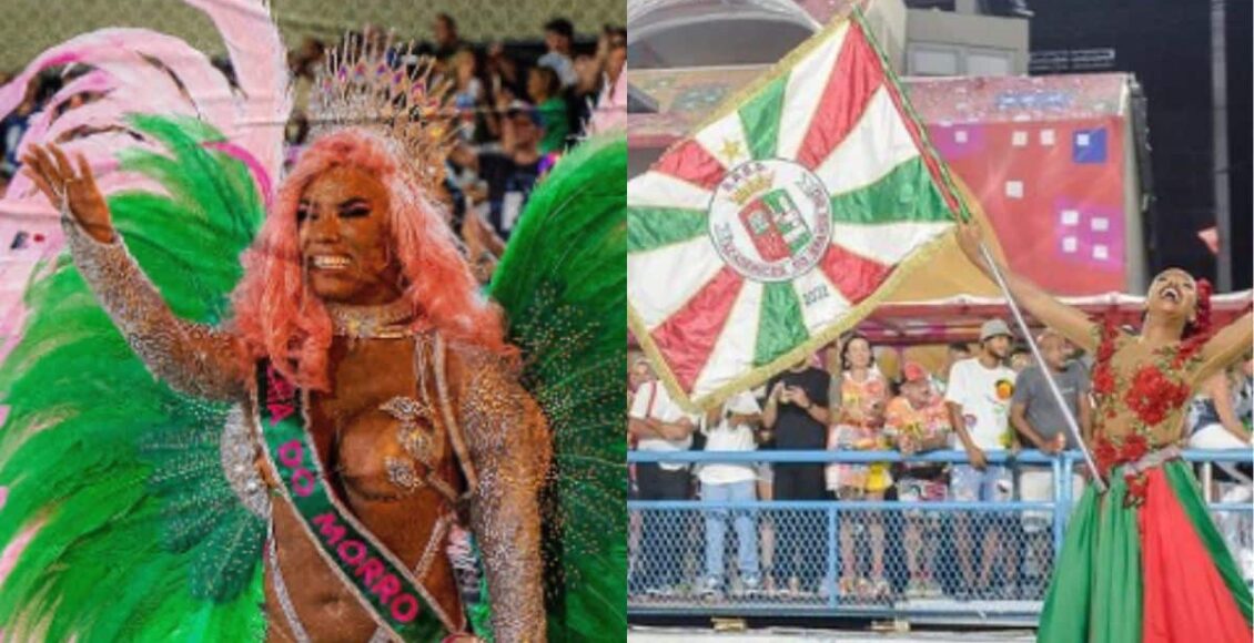 Na imagem a Mangueira (esquerda) e a Grande Rio (direita) do desfile das escolas de samba de hoje no rio