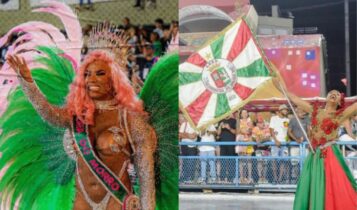 Na imagem a Mangueira (esquerda) e a Grande Rio (direita) do desfile das escolas de samba de hoje no rio