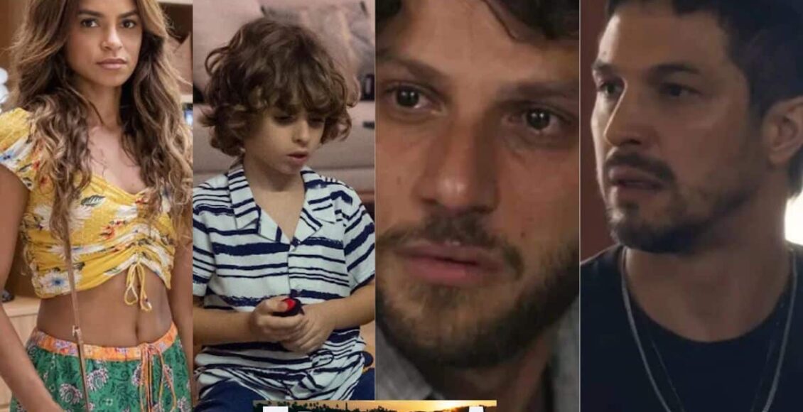 na imagem, brisa, tonho, ari e oto, apontado como quem é o pai do tonho na novela travessia pela mocinha