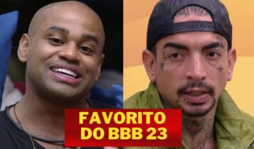 Na imagem Cezar e MC Guimê, líderes na parcial da enquete sobre quem é o favorito para ganhar o bbb 23