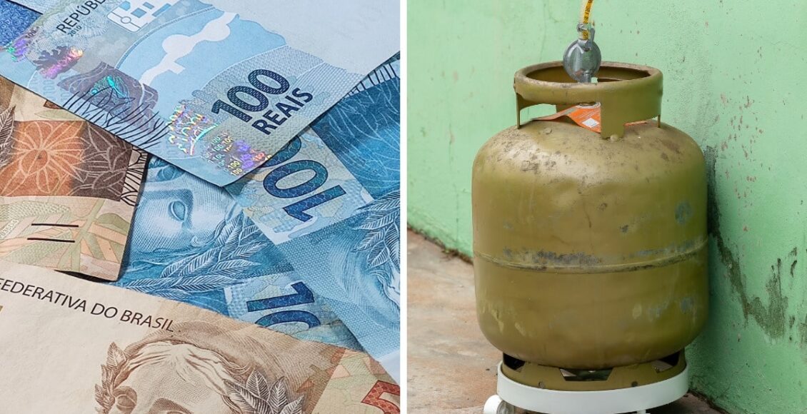 Notas de reais e botijão de gás para ilustrar matéria sobre vale gás