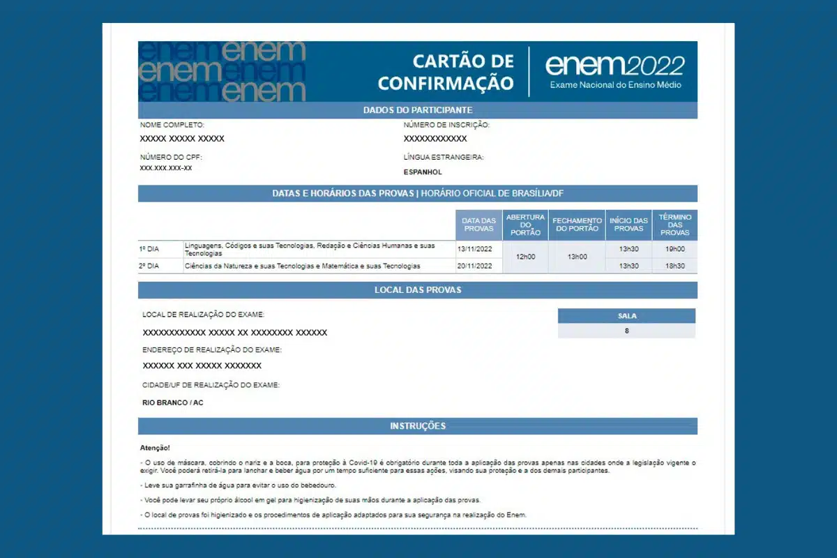 cartão de confirmação do Enem cartão de confirmação do Enem