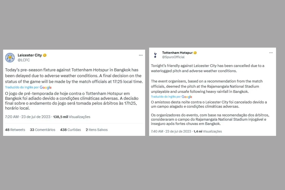 Amistoso do Tottenham x Leicester City foi cancelado no domingo