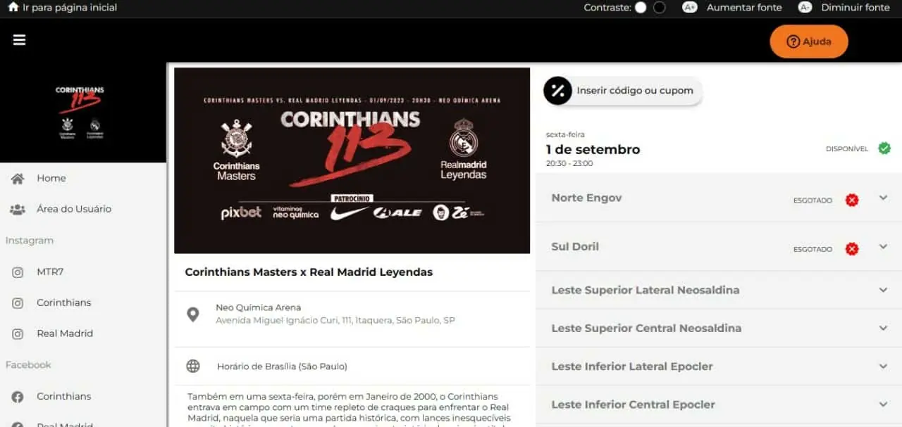 Ainda tem ingresso para Corinthians x Real Madrid hoje